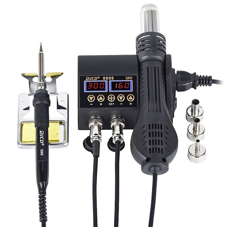 JCD 8898 2 in 1 750W 220V/110V Soldering Station Hot Air Gun Heater LCD Digital Display Soldering Iron Welding Rework Station for Cell-phone BGA SMD PCB IC Repair