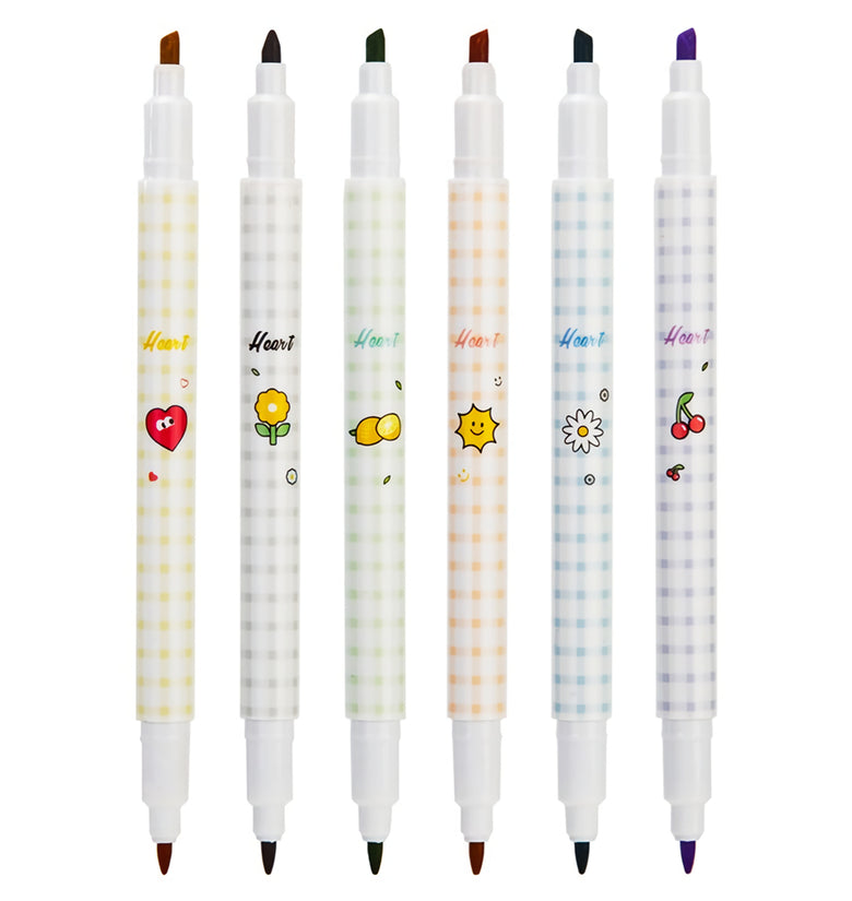 [ From XM ] Deli S606 6pcs/box Double Head Soft Color Fluorescent Pen Highlighter Pen Plastic Marker Cute Stationery School Supplies