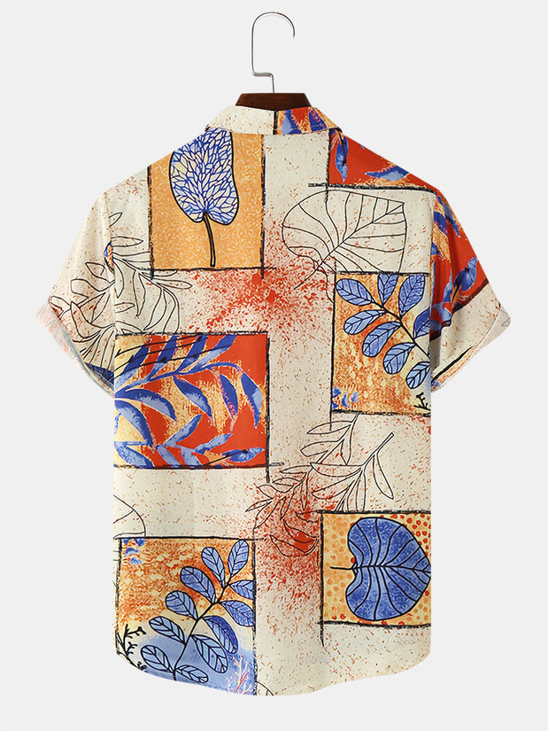Men Leaves & Spray Print Lapel Collar Shirts