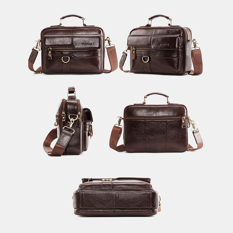 Men Genuine Leather Multi-pocket Crossbody Bags Large Capacity Retro 6.5 Inch Phone Bag Briefcase Shoulder Bag Handbag