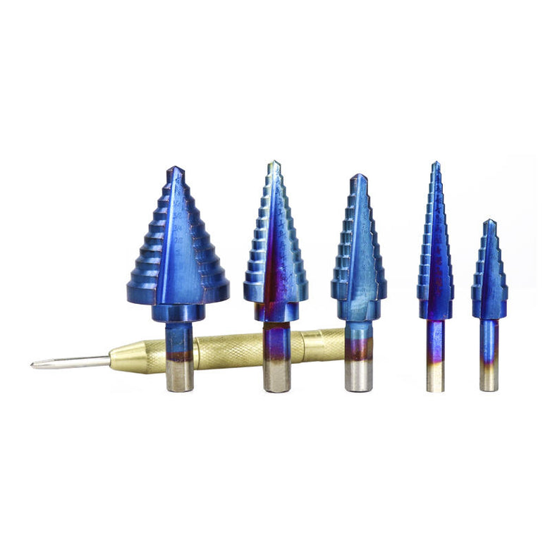 6Pcs HSS Nano Blue Coated Step Drill Bit With Center Punch Set Hole Cutter Drilling Tool