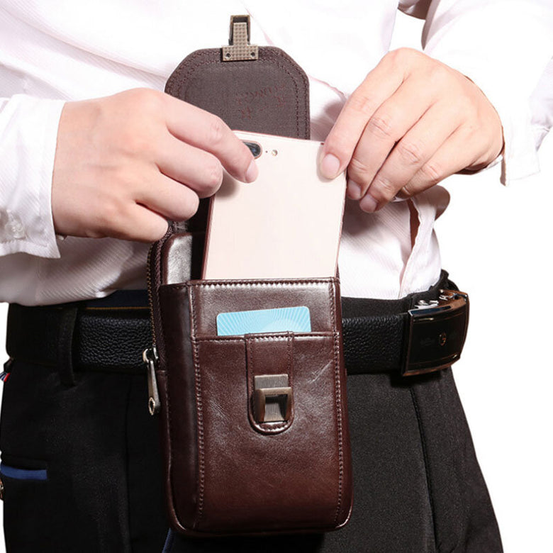 Men Mini Genuine Leather 6.5 Inch Phone Holder Waist Pack Belt Bag Crossbody Bag