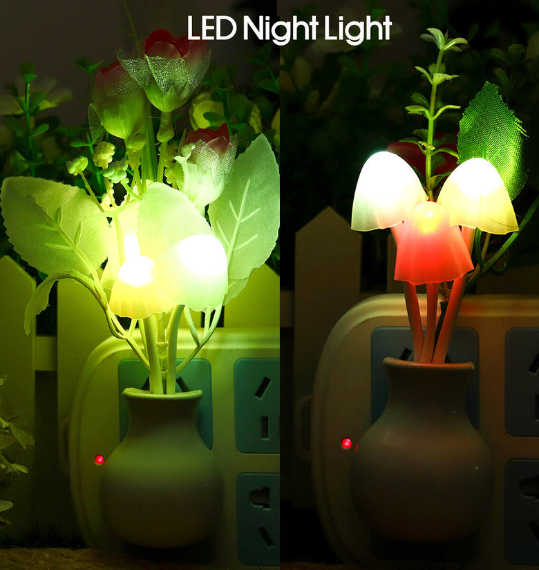 Romantic Flower Mushroom LED Night Light Sensor Baby Bed Lamp Decor US Plug