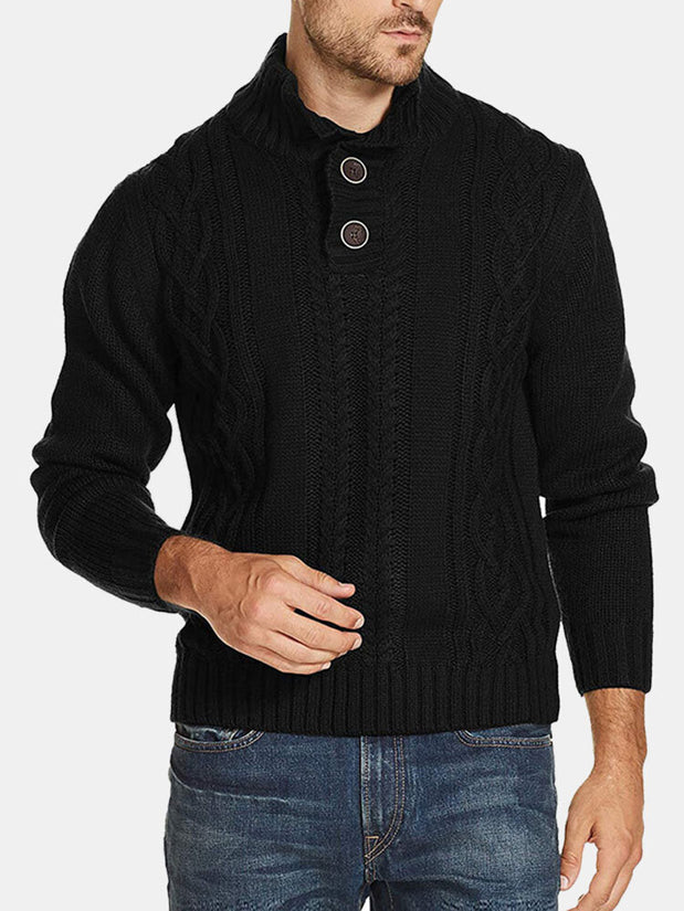 Men Cable Knit Lapel Button Solid Pullover Casual Sweaters