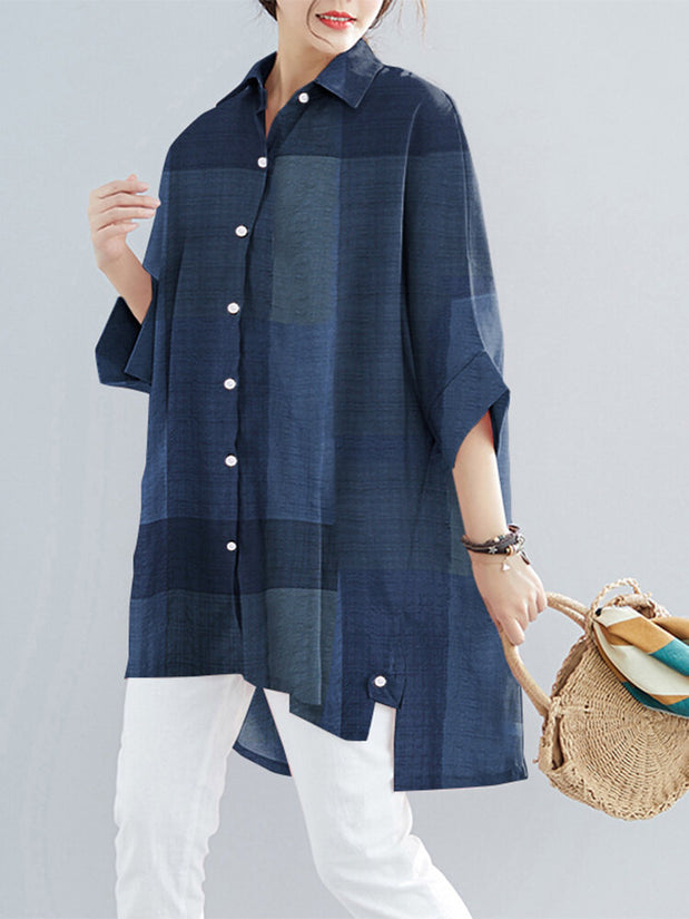 Women Plaid High Low Hem Wide Sleeves Button Down Front Shirt