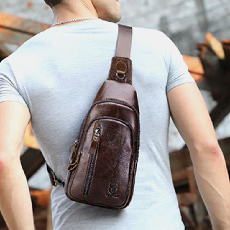 BULLCAPTAIN Men Multi-pocket Cowhide Chest Bag Casual Sports Multifunctional Large Capacity Crossbody Bag Shoulder Bag