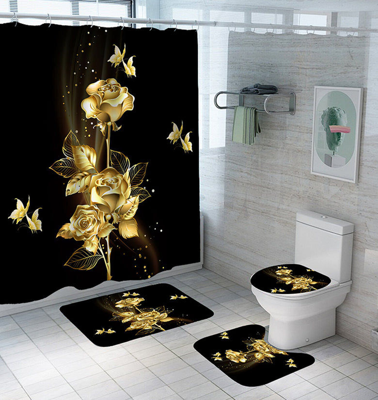 1/3/4PCS Gold Rose Butterfly Waterproof Shower Curtain Non-toxic Dustproof Toilet Seat Cushion Set