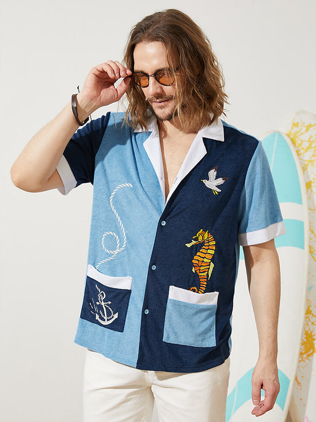 Men Towel Patchwork See Horse Embroidered Front Buttons Revere Collar Hawaii Shirts