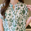Allover Leaves Print Pocket Button Front Stand Collar Blouse