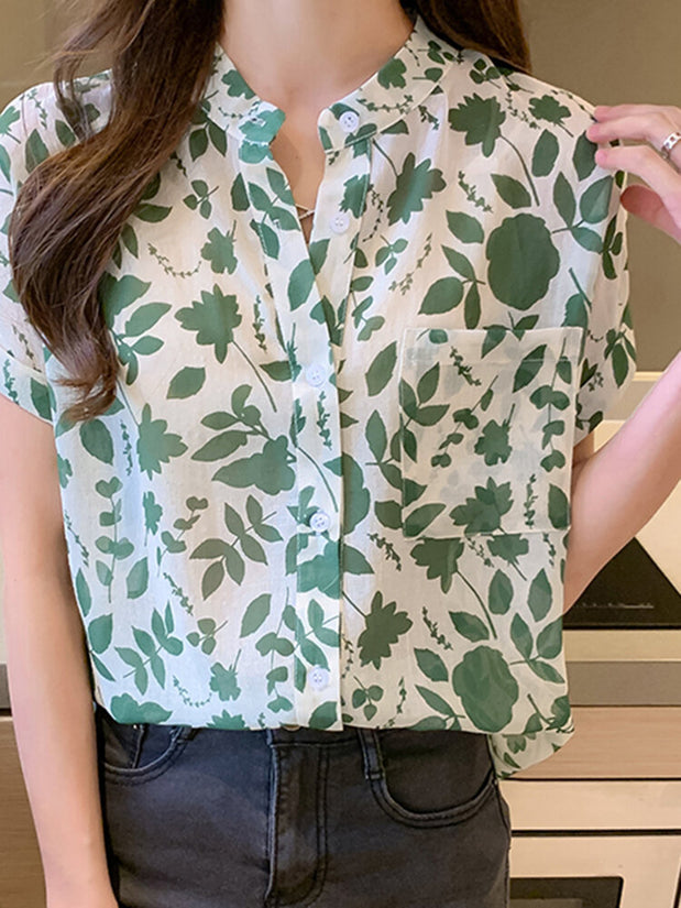 Allover Leaves Print Pocket Button Front Stand Collar Blouse