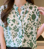 Allover Leaves Print Pocket Button Front Stand Collar Blouse