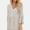 Lace Embroidered Pleated V-neck Long Sleeve Casual Dress for Women