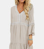 Lace Embroidered Pleated V-neck Long Sleeve Casual Dress for Women