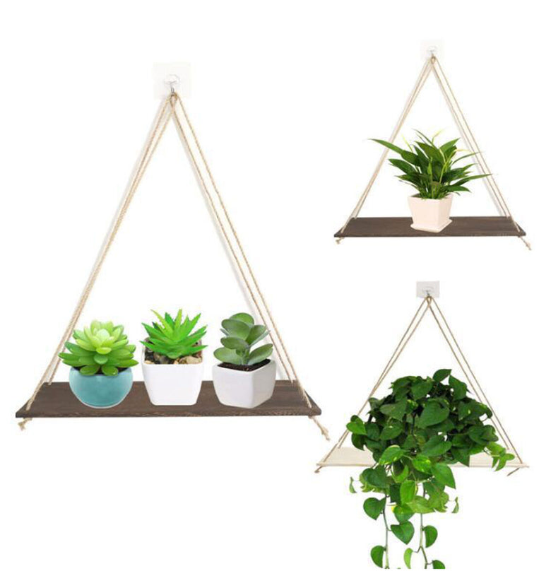 Wooden Hanging Shelf Swing Floating Shelves Rope Wall Display Rack Decorate