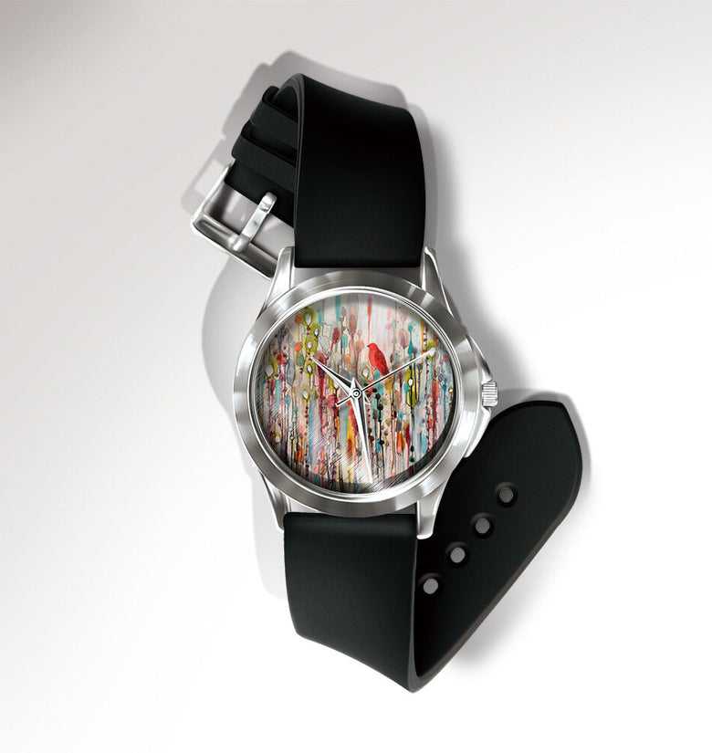MISS WHITE Casual Watercolor Flower Bird Pattern Dial PVC Band Women Quartz Watch Wristwatch