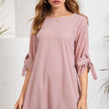 Solid Tie-at Cuffs Half Sleeve Crew Neck Casual Dress