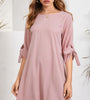 Solid Tie-at Cuffs Half Sleeve Crew Neck Casual Dress