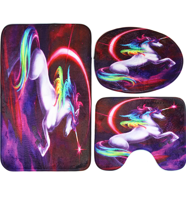 3PCS Colorful Horse Bathroom Non-Slip Pedestal Rugs Pads Lid Toilet Seat Covers Bath Mats