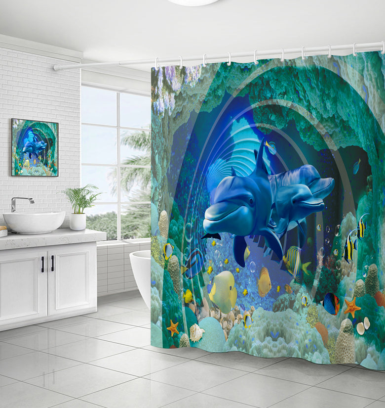 Dolphin Waterproof Bathroom Shower Curtain Bath Mat Non-Slip Rug Toilet Seat Cover Floor Mat