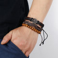 3 Pcs Men's Vintage Cowhide Leather Alloy Tree Of Life Pendant Braided Bracelet Set