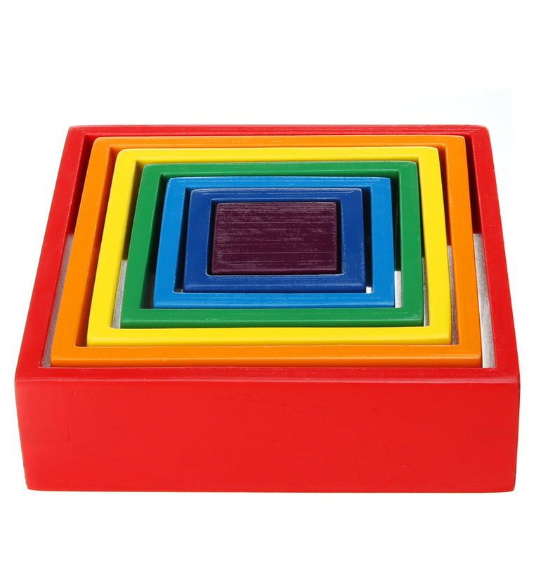 Nested Rainbow Wooden Stacking Blocks - Square 7-piece 6.1 x 6.1 x 1.73inch Toy nested stack games Building blocks