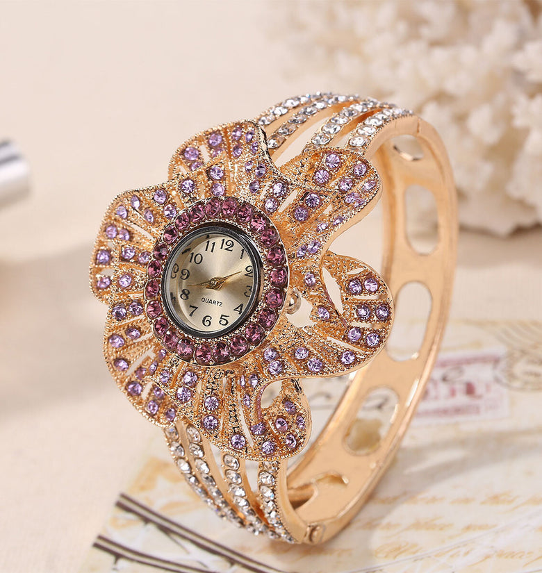 Fashion Crystal Flower Shape Dial Hollow Metal Strap Women Quartz Watch