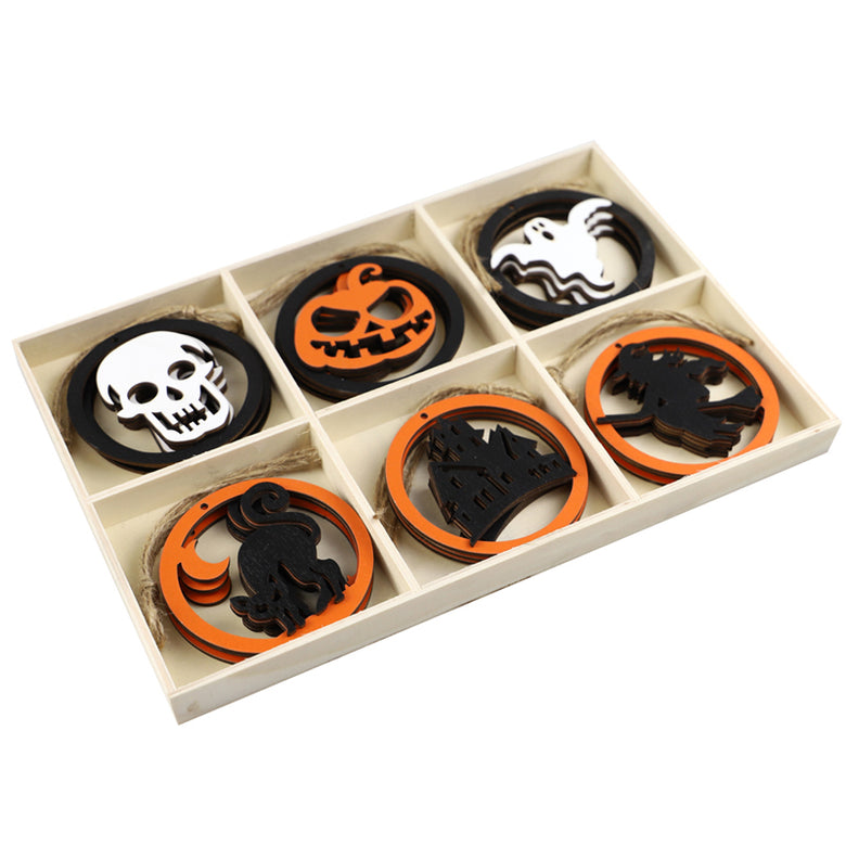 Colorful Halloween Six-square Grid Ghost Pendant Wooden Chips Home Party Decoration Creative Festival Gift - 18PCS/Box