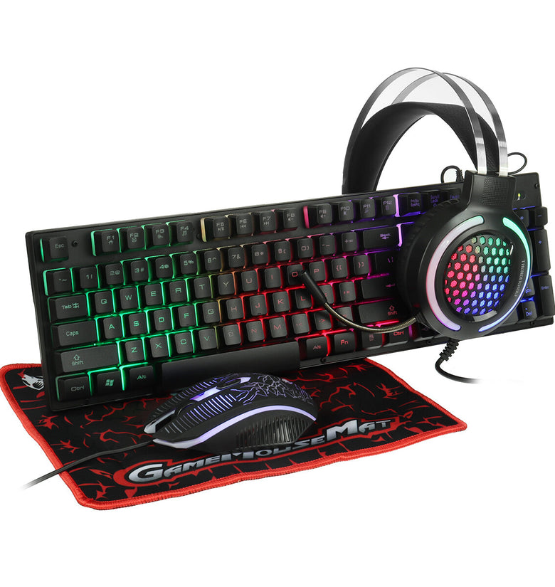 T-Wolf TF400 4Pcs Gaming Combo Kit 104 Keys Rainbow Backlit Keyboard Adjustable 2400DPI Mouse Wired RGB Lighting Headset with Anti-Slip Mouse Pad