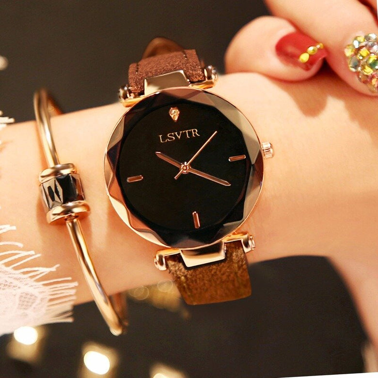 LSVTR Rhombus Mirror Diamond Starry Sky Dial PU Leather Strap Watch for  Women china.onshop.am