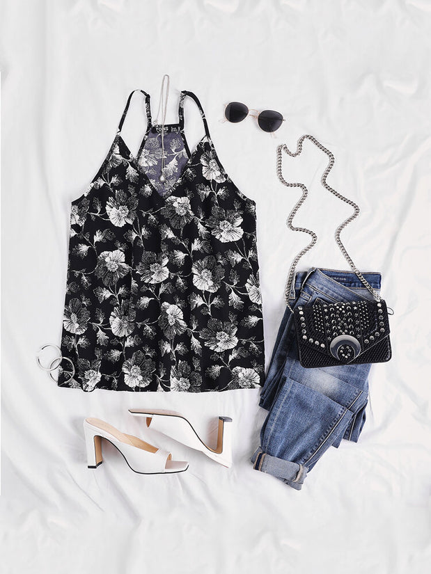 Adjustable Shoulder Straps Random Floral V-neck Summer Tank Tops