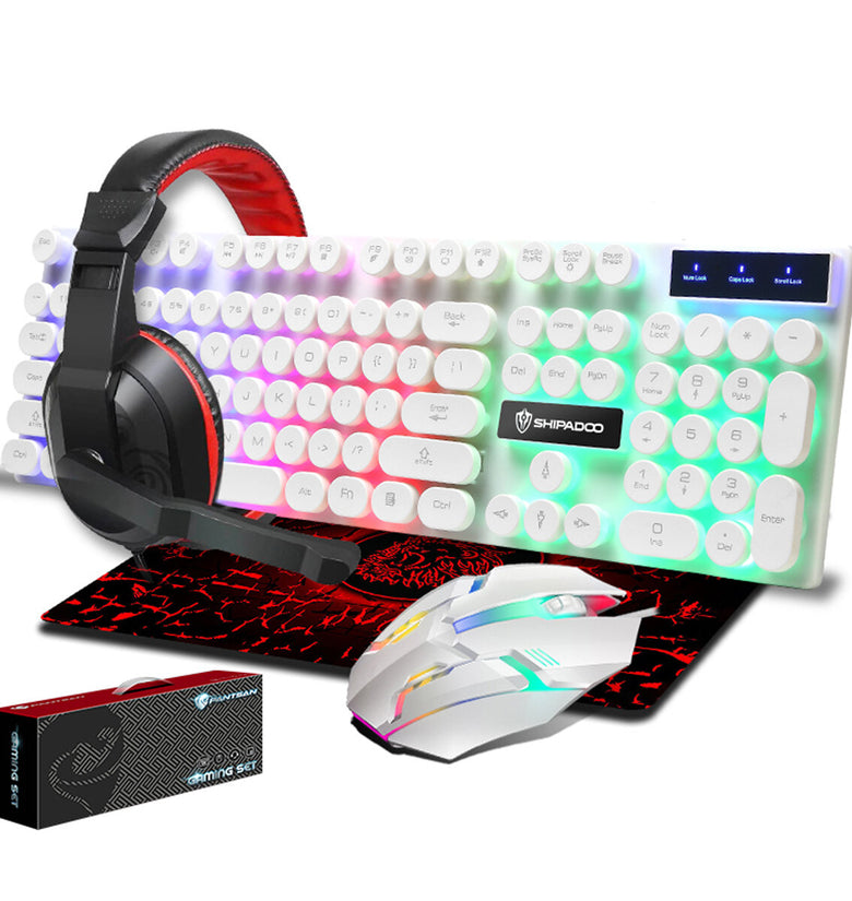 4Pcs Gaming Devices Set 104 Keys LED Backlit Waterproof Gaming Keyboard Ergonomic Mouse 3.5mm Wired Headset Anti-slip Mouse Pad Combo