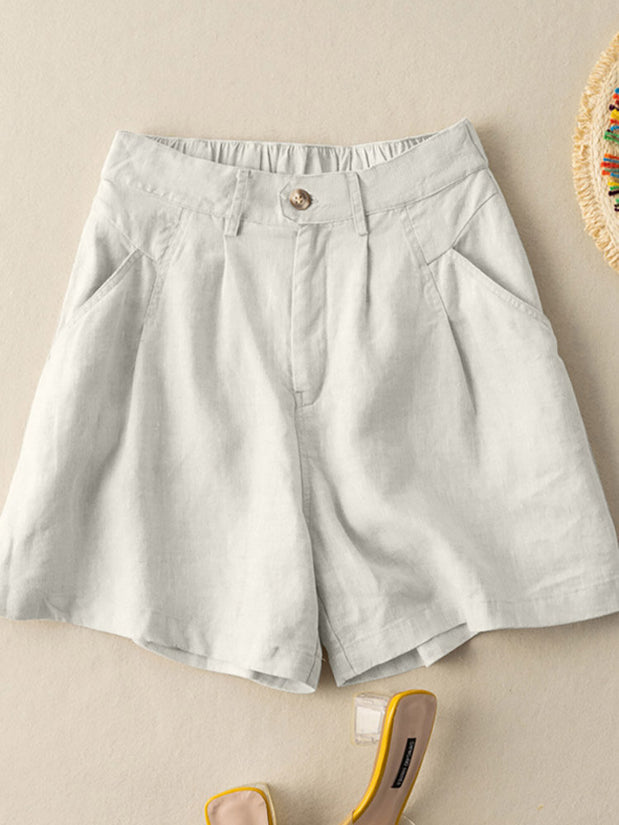 Cotton Solid Pocket Ruched Button Casual Shorts
