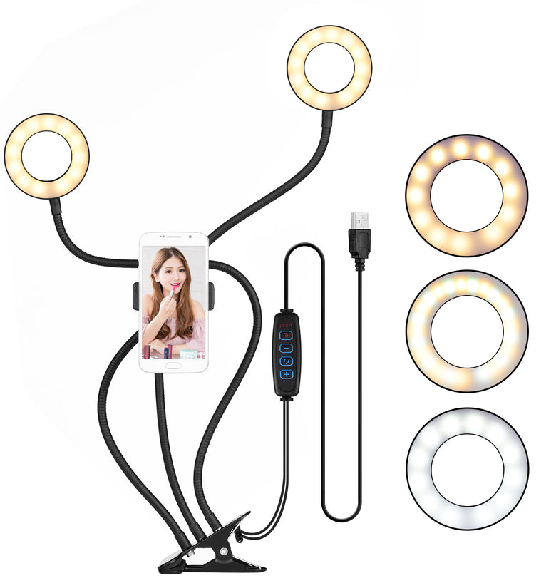 S2 Dual Ring Lights Fill Lights 3 Colors Adjustable Brightness USB Power Supply Live Selfie Lights with Phone Holder